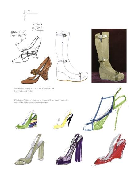 The book "Designing Fashion Accessories" by Schiffer Publishing, Ltd. features a collage of shoe sketches and colored illustrations—high heels, sandals, boots, and heeled shoes—with notes that highlight creative footwear design.