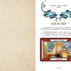 A page titled Ace of Fire from The Charles Dickens Tarot by Schiffer Publishing, Ltd. displays ornate blue banners, text on allusions and meanings, and artwork depicting a burning house with fire and smoke.
