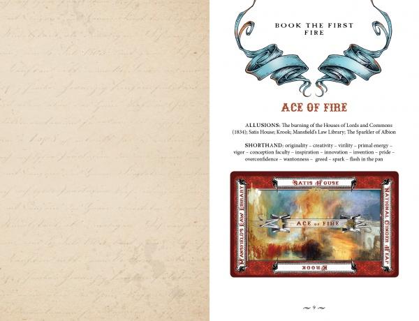 A page titled Ace of Fire from The Charles Dickens Tarot by Schiffer Publishing, Ltd. displays ornate blue banners, text on allusions and meanings, and artwork depicting a burning house with fire and smoke.