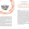 An open book, "Get Positive Live Positive" by Schiffer Publishing, Ltd., shows CHAPTER 1: THE FIRST VARIANT = YOU in orange brush strokes on the left with text on positive energy; the right page features a chart and additional explanations.