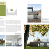 A magazine spread from "Contemporary Home Design" by Schiffer Publishing, Ltd. showcases a modern house with large windows and stone walls by water and trees, featuring floor plans, project details, and design ideas for single-family homes.