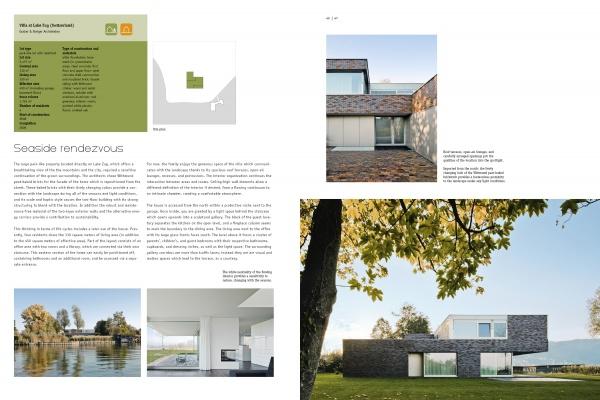 A magazine spread from "Contemporary Home Design" by Schiffer Publishing, Ltd. showcases a modern house with large windows and stone walls by water and trees, featuring floor plans, project details, and design ideas for single-family homes.