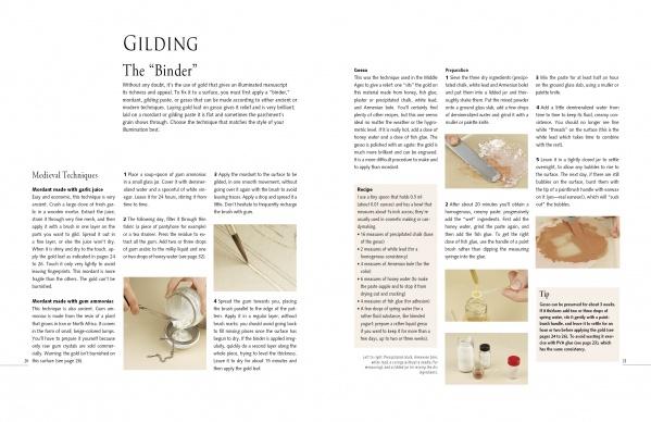 A two-page spread from "Beginning Illumination" by Schiffer Publishing, Ltd. explains gilding binders in medieval art, featuring text, recipes, instructions, tips, and photos showing materials and the gilding process step by step.