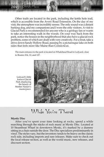 A page from "Connecticut Lore" by Schiffer Publishing, Ltd. features info on Ledyard trails, a black-and-white photo of local rock formations, and highlights Mystic Disc, a record store among Connecticut’s unique attractions.