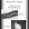 A black-and-white page from "Alien Encounters in the Western United States" (Schiffer Publishing, Ltd.) shows two close-up microscope images of alleged alien implants with descriptive labels under the title "Photographs of Alleged Alien Implants.