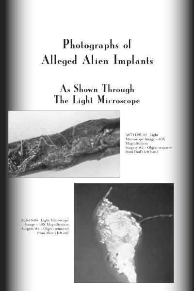 A black-and-white page from "Alien Encounters in the Western United States" (Schiffer Publishing, Ltd.) shows two close-up microscope images of alleged alien implants with descriptive labels under the title "Photographs of Alleged Alien Implants.