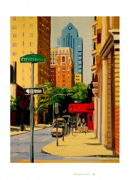 Philadelphia Originals" by Schiffer Publishing, Ltd. is a colorful painting featuring tall buildings, a green Cypress St sign, parked cars, trees, and three people walking along a sunlit Philadelphia street corner.