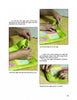 A step-by-step guide from Schiffer Publishing, Ltd.’s "How to Hook Rugs" shows hands folding and stitching green fabric over a colorful rug, with three images demonstrating folding, mitered corners, and securing binding to finish your rug edges.