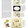 A magazine page showcases Schiffer Publishing, Ltd.'s Silk Art Embroidery, presenting Victorian needlework with tulips, roses, grapes, and pansies on antique linens; each illustrated item includes a brief description and price.