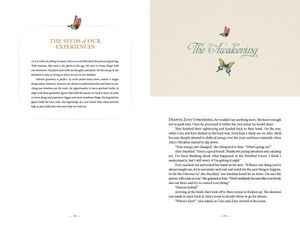 Two book pages: the left shows a butterfly above the title The Empath’s Quest and a block of text. The right features The Awakening, with a butterfly and hummingbird, exploring empathy and destiny in two columns. Brand: Schiffer Publishing, Ltd.