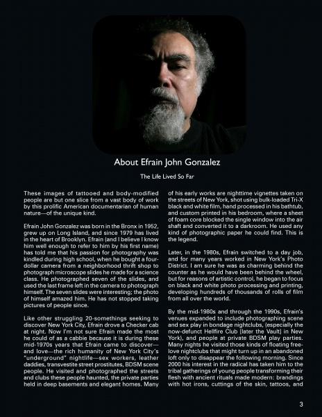 A magazine page showcases Ink & Steel by Schiffer Publishing, Ltd., highlighting Efrain John Gonzalez's decades-long career photographing tattoos, body modifications, and NYC's underground since the 1970s.