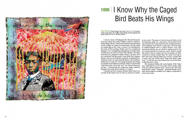 A vibrant artwork inspired by African American quilts depicts a man in a suit inside a golden-barred birdcage, set against a colorful background. To the right: “And Still We Rise” by Schiffer Publishing, Ltd. with an article below.