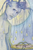 A watercolor illustration from the "Guardian Tarot" by Schiffer Publishing, Ltd. depicts the Five of Wands as a blue-toned, androgynous figure with glowing tendril orbs, symbolizing personal growth beneath a radiant moon.