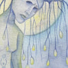 A watercolor illustration from the "Guardian Tarot" by Schiffer Publishing, Ltd. depicts the Five of Wands as a blue-toned, androgynous figure with glowing tendril orbs, symbolizing personal growth beneath a radiant moon.
