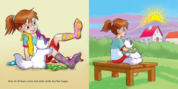 A brown-haired girl in Jocelyn's Box of Socks by Schiffer Publishing, Ltd. sits with her white cat, managing emotions together—a heartwarming scene perfect for a children’s book or a teacher’s guide, whether indoors or at sunrise by a mountain house.