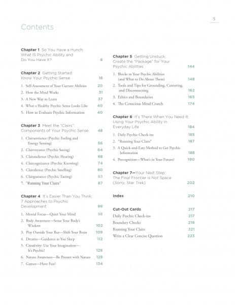 The Psychic Workbook by Schiffer Publishing, Ltd. features a table of contents listing chapters on psychic development, self-assessment, clairvoyance, intuition tips, index, and psychic tool cards, with chapter titles and page numbers.