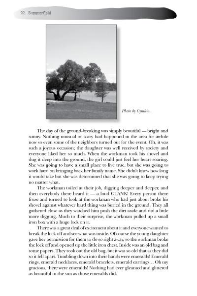 A black and white photo of a grand tree in a sunlit field tops a page detailing Cynthia Moore Brown's emerald discovery, featured in "Folktales and Ghost Stories of North Carolina's Piedmont" by Schiffer Publishing, Ltd.