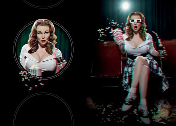 A woman sitting in a chair with popcorn and a straw channels classic pin-up girls, evoking the style of Celeste Giuliano's Pin-ups in 3-D from Schiffer Publishing, Ltd.