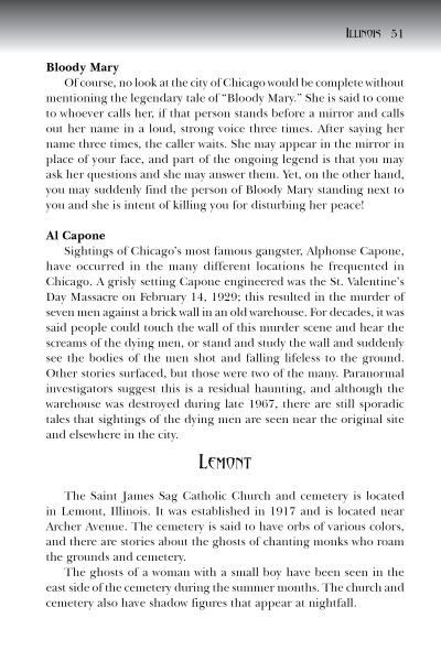 A page from Midwest Hauntings by Schiffer Publishing, Ltd. discusses Chicago legends and paranormal events like Bloody Mary, Al Capone, and the Saint James Sag Church; text is black on white with section headings.