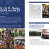 A magazine spread showcases Ithaca’s vibrant farmers market with scenic photos and highlights from "365 Things to Do in Ithaca, New York" by Schiffer Publishing, Ltd.—capturing local wines, produce, and the essence of this travel guide.