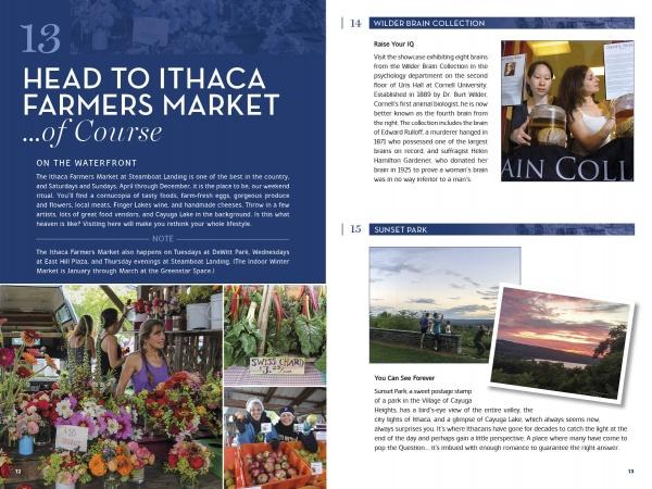 A magazine spread showcases Ithaca’s vibrant farmers market with scenic photos and highlights from "365 Things to Do in Ithaca, New York" by Schiffer Publishing, Ltd.—capturing local wines, produce, and the essence of this travel guide.