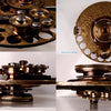 Four close-up images from Guilloché by Schiffer Publishing, Ltd. display intricate, brass-colored clockwork gears, with detailed interlocking parts and ornamental turning reminiscent of guilloché, showcasing remarkable complexity and craftsmanship.