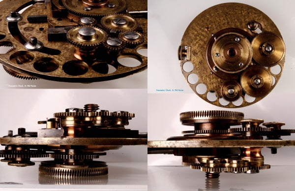 Four close-up images from Guilloché by Schiffer Publishing, Ltd. display intricate, brass-colored clockwork gears, with detailed interlocking parts and ornamental turning reminiscent of guilloché, showcasing remarkable complexity and craftsmanship.