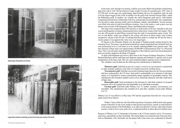 Two black-and-white photos from "Monetary Men" by Schiffer Publishing, Ltd.: Top, a woman in a vault with safety deposit boxes; bottom, rows of large metal containers hint at the secretive aura of WWII Nazi gold legends.
