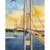 Bridges: A Postcard History" by Schiffer Publishing, Ltd. features vintage illustrations of landmark bridges, including suspension spans over water with cars, boats below, and planes flying in vibrant blue and yellow skies.
