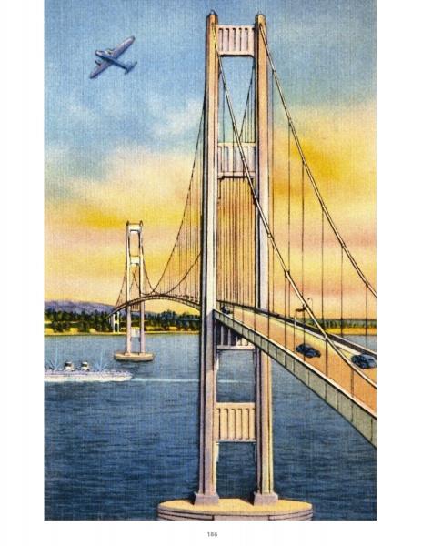 Bridges: A Postcard History" by Schiffer Publishing, Ltd. features vintage illustrations of landmark bridges, including suspension spans over water with cars, boats below, and planes flying in vibrant blue and yellow skies.