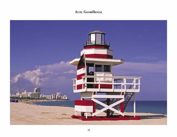The "South Beach Lifeguard Stations" from Schiffer Publishing, Ltd. showcases a red and white striped lifeguard stand on a sandy beach, with a blue sky, ocean, and distant city buildings in the background.