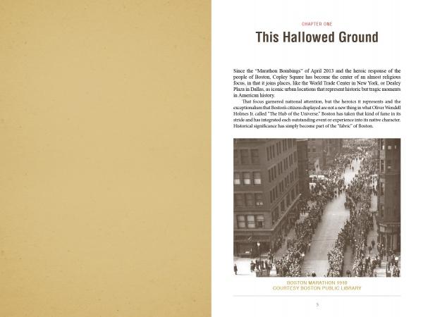 A sepia-toned page from "Building Boston" by Schiffer Publishing, Ltd. features text about Copley Square after the 2013 Marathon Bombings and a black-and-white aerial photo of a crowded city street during the Boston Marathon.