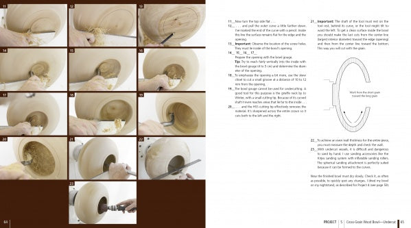 *New Woodturning Techniques and Projects* by Schiffer Publishing, Ltd. offers step-by-step photos and a detailed bowl diagram to guide advanced woodturners through carving on a lathe with clear instructions.
