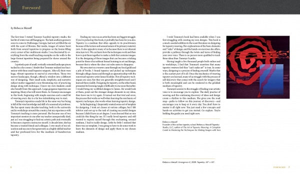 A two-page spread for "Tapestry Design Basics and Beyond" by Schiffer Publishing, Ltd. features a foreword on the left, a bold red and black spiral artwork on the right, and modern design concepts with text below.