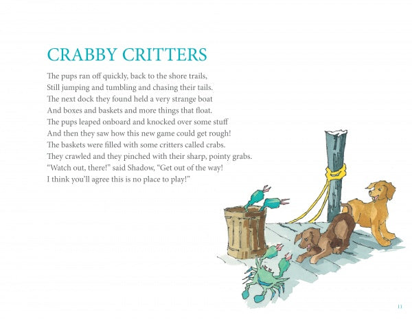 In "Chesapeake Play Day" by Schiffer Publishing, Ltd., three puppies watch crabs by a tipped-over basket in a charming watercolor scene—ideal for children's books or capturing the spirit of Chesapeake country puppy adventures.