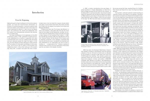 A two-page spread in "Art From Cape Cod" by Schiffer Publishing, Ltd. introduces the Cape Cod Museum of Art with text and three images: a steepled house, people entering a museum, and a truck with people and balloons.
