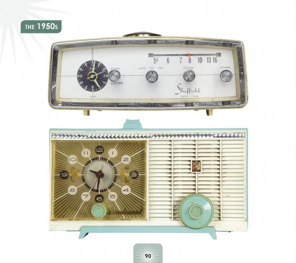 Two Retro Radio models from Schiffer Publishing, Ltd. highlight vintage style: the top “Shopper” features chrome accents, while the bottom showcases a gold-trimmed clock and turquoise tuning dial, reflecting classic radio design.