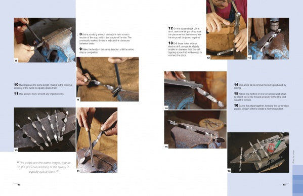 The Schiffer Publishing, Ltd. "Blacksmithing Techniques" guide features numbered, step-by-step photos of hands using tools to sharpen or shape metal in a vise on a blue workbench, showcasing traditional blacksmith methods.