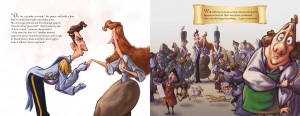 In Schiffer Publishing, Ltd.’s "If the Shoe Fits," a cartoon soldier bows to kiss a woman’s hand as her glass slippers peek out and she looks uneasy. Nearby, soldiers and townsfolk gather under the king’s decree banner in a storybook scene.