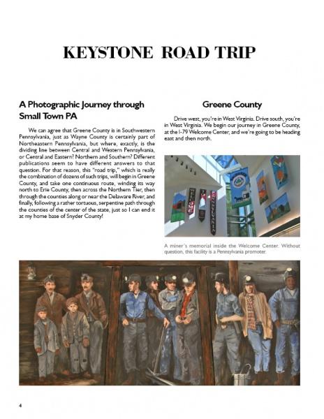 A page from "Small Town Pennsylvania" by Schiffer Publishing, Ltd. showcases Greene County, PA, with text and two photos: welcome center banners and a miners' group in work clothes.