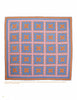 Quiltings, Frolicks, & Bees by Schiffer Publishing, Ltd. showcases a c.1930 cotton square quilt of 25 blue and pink X-pattern blocks with an orange border on pink, reflecting the artistry of quilting communities.