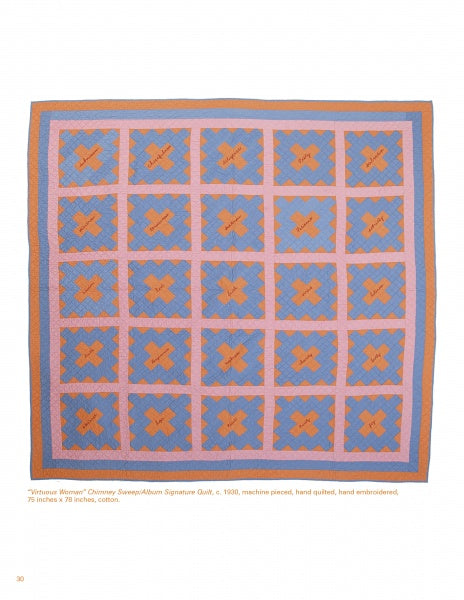 Quiltings, Frolicks, & Bees by Schiffer Publishing, Ltd. showcases a c.1930 cotton square quilt of 25 blue and pink X-pattern blocks with an orange border on pink, reflecting the artistry of quilting communities.