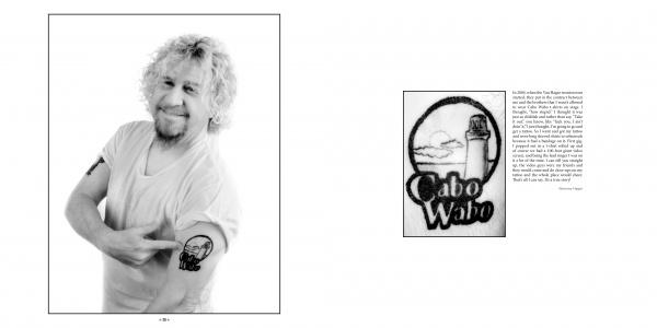 A smiling man with curly hair points to his Cabo Wabo tattoo, while a close-up reveals its sunset and palm design—showcasing expressive tattoo photography from "Musical Ink" by Schiffer Publishing, Ltd.