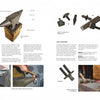 A book spread from "Blacksmithing Techniques" by Schiffer Publishing, Ltd., features labeled diagrams of anvils and tools, plus step-by-step photos illustrating metal forging and traditional blacksmith methods for metalwork projects.