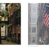 Left: A quiet alley with greenery and double doors. Right: A snowy Boston street with an American flag on a red brick building—classic Boston scenes from the "Boston" photo book by Schiffer Publishing, Ltd.