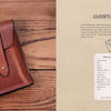 A brown leather gussetless bag made with traditional leathercraft techniques and a button closure rests on wood. Beside it, a beige sheet labeled Gussetless Bag lists instructions and supplies. Brand: Schiffer Publishing, Ltd. Product: Leathercraft.