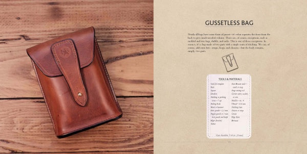 A brown leather gussetless bag made with traditional leathercraft techniques and a button closure rests on wood. Beside it, a beige sheet labeled Gussetless Bag lists instructions and supplies. Brand: Schiffer Publishing, Ltd. Product: Leathercraft.