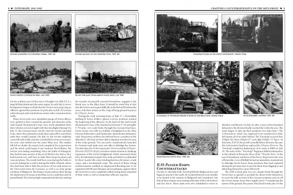 Two pages from Schiffer Publishing, Ltd.’s "The 3rd Waffen-SS Panzer Division Totenkopf, 1943-1945" display black-and-white WWII photos of tanks, soldiers, and Eastern Front battles, with captions and text on German military operations.