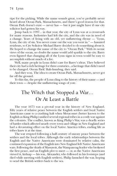 A page from "Lost History of the North Shore" by Schiffer Publishing, Ltd., details North Shore Massachusetts history and introduces "The Witch that Stopped a War... Or At Least a Battle," revealing untold stories from Lynn in 1675.