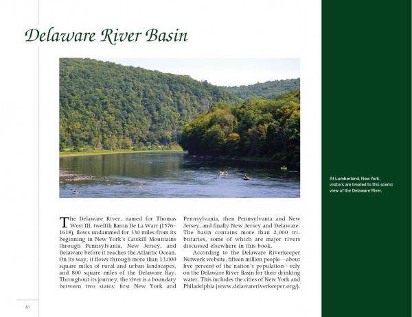 Delaware River Reflections by Schiffer Publishing, Ltd. captures scenic views of the Delaware River with lush green hills and clear skies, as highlighted in its detailed informational displays.